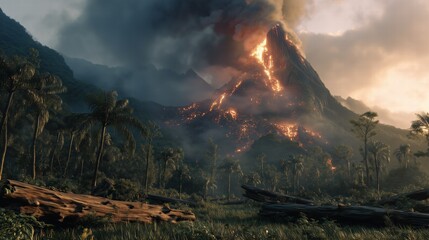Hyper-realistic volcanic eruption in tropical jungle valley, glowing lava flows igniting forests with thick smoke, fallen logs foreground, dramatic apocalyptic lighting