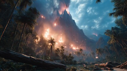 Hyper-realistic volcanic eruption in tropical jungle valley, glowing lava flows igniting forests with thick smoke, fallen logs foreground, dramatic apocalyptic lighting