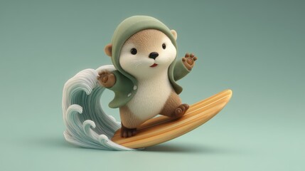 Obraz premium Surfer Otter on Wave – 3D Cute Animal with Surfboard