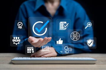 Quality control for business, ISO standards, Global certification concept, Businesswomen show the best quality control target, QA, QC, Modern ISO banner, Standardisation quality Assurance control