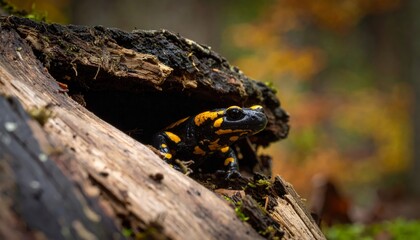 Fire Salamander among the decaying log.