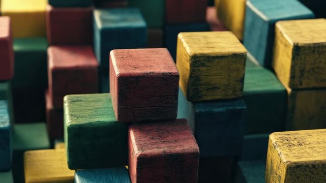 Several interlocking wooden puzzle pieces in bright colors, including red, green, blue, yellow and orange.