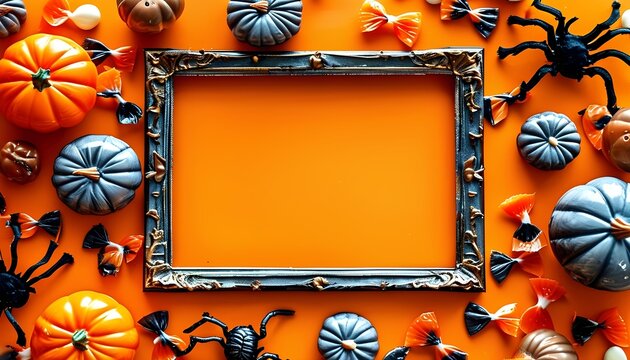 Spooky halloween decor display featuring pumpkins and spiders festive setting digital artwork vibrant color palette close-up view