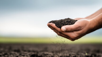 Hands gently holding and letting rich, dark soil fall, symbolizing growth, nurturing, and connection to nature in an open field.