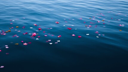 Pink and white flower petals gently float on the calm, deep blue surface of a body of water, creating a serene and peaceful scene.