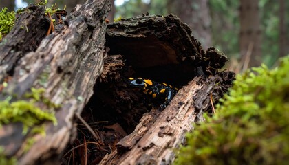 Fototapeta premium Salamander peeks from mossy log hideout