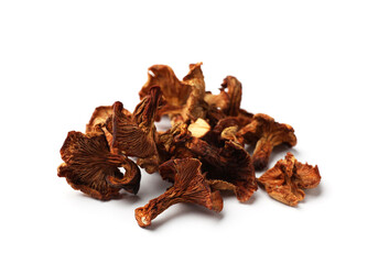 Many dried chanterelle mushrooms isolated on white