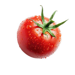 Close-up of a single, ripe, red tomato, wet with water droplets,  showing its stem and leaves