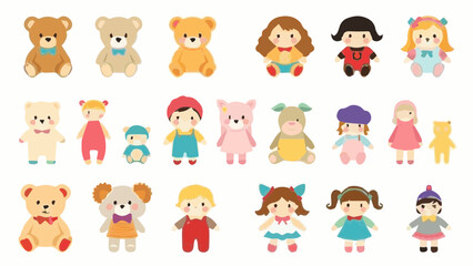 Cute Flat Style Doll Icon Set – Bear, Girl, Boy, and Animal Plushies
