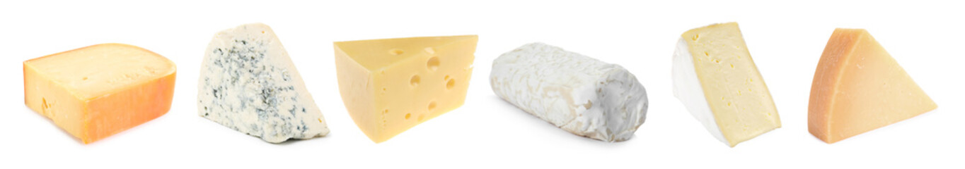 Different types of cheese isolated on white, set