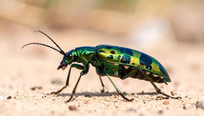 Fototapeta premium Iridescent Tiger Beetle Macro on sand