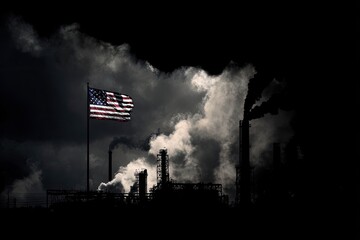 American flag over industrial smog
