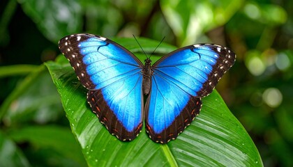 Morpho butterfly rests on green leaf.