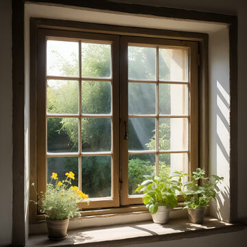 Fototapeta open casement window revealing tranquil garden soft sunlight highlighting rustic charm of frame