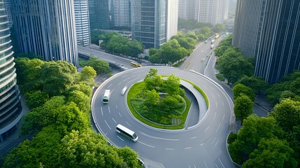 Aerial view of a city with integrated green transport options