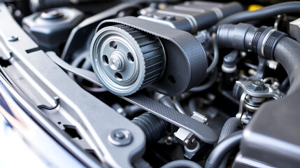 Close-up View of a Car Timing Belt and Pulleys Showcasing Mechanical Components Under the Hood