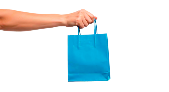 Hand holding a bright blue shopping bag against a black backdrop, isolated. - Powered by Adobe
