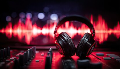 Headphones on a mixing board, audio waves