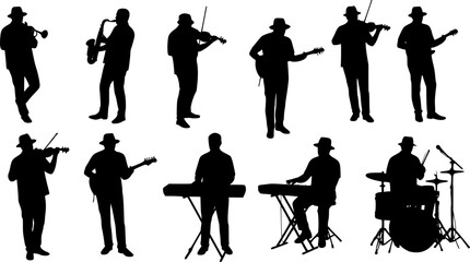 Obraz premium Set of musician silhouette vector illustration on isolated white background. 
