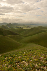 Rolling green hills under a cloudy sky, showcasing vibrant vegetation and natural landscape, creating a serene and tranquil atmosphere in the countryside