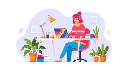 Young woman working from home on laptop, perfect for remote work, freelance, or online learning websites and blogs.