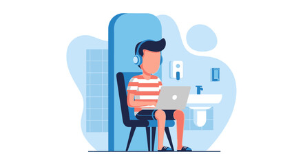 Young man working on laptop in a modern restroom, perfect for articles on remote work, flexible workspaces, or modern office design.