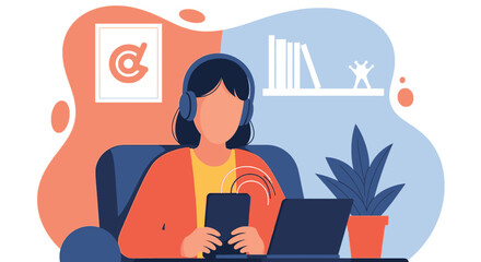 Woman using laptop and phone while wearing headphones, perfect for blogs, articles, or websites about remote work or online learning.
