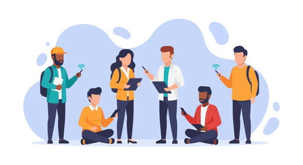 Diverse group of young people using smartphones and tablets, ideal for website banners, app interfaces, or social media posts.