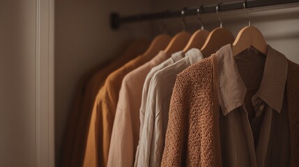 A row of beige and brown shirts and jackets neatly hung on wooden hangers in a warmly lit closet.