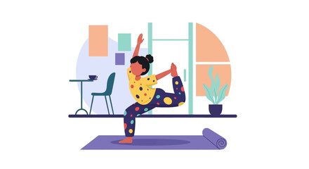 Fototapeta premium Woman doing yoga at home, perfect for wellness websites or health blogs.