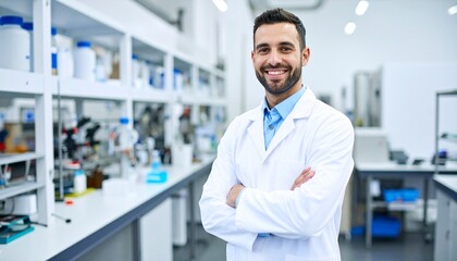 Smiling scientist in a laboratory, arms crossed, looking directly at the camera.