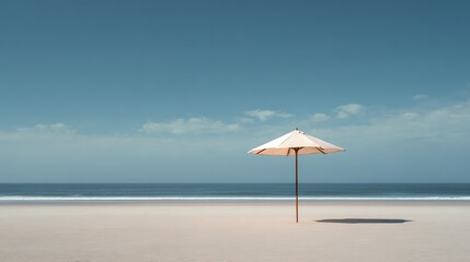 A solitary white beach umbrella stands on a vast, empty sandy shore under a clear blue sky with gentle clouds.