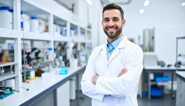 Smiling scientist in a laboratory, arms crossed, looking directly at the camera.