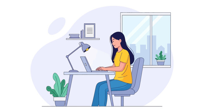 Young woman working from home on laptop, ideal for remote work, freelance, and productivity articles.