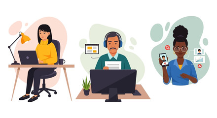 Diverse team working remotely: Illustration ideal for websites, presentations, and marketing materials showcasing remote work, collaboration, and modern business.