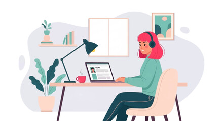 Young woman working from home on laptop, perfect for blog posts about remote work or freelance lifestyle.