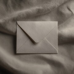 A minimalist beige envelope rests on a textured fabric surface, creating a soft, neutral-toned composition with subtle shadows and a cozy ambiance.