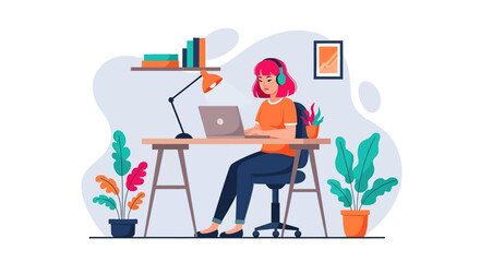Young woman working from home on laptop, perfect for blog posts about remote work or freelance lifestyle.