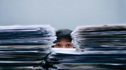 A person peeks anxiously between two towering stacks of paperwork, symbolizing stress and overwhelm.