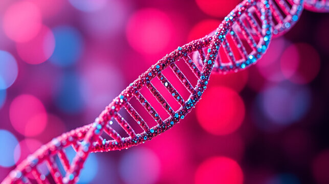 Glittering DNA Helix in a Red and Blue Bokeh Background