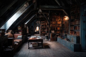 Dimly lit attic library filled with antique books