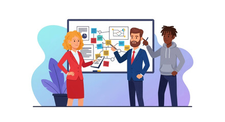 Obraz premium Diverse team brainstorming on whiteboard, perfect for presentations on teamwork, collaboration, and project management.