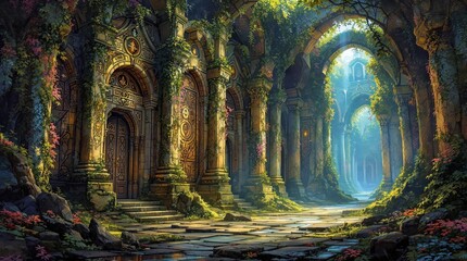 Fototapeta premium Ruined ancient hall covered in plants, with ornate arches, doorways, and bright light