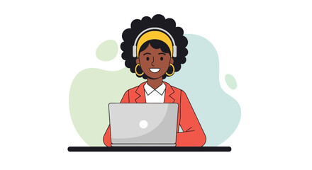 Smiling Black woman working on laptop, perfect for website banners, social media posts, and marketing materials.