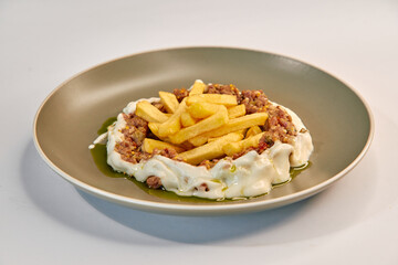 Deliciously Layered Dish Featuring Savory Ground Meat, Creamy Sauce, and Crispy French Fries on a Stylish Plate
