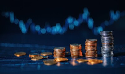 Stacks of coins against a blurred financial chart