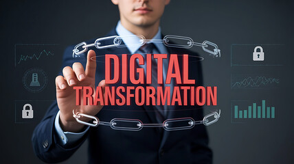 Businessman interacting with a digital transformation interface featuring glowing text and network connections