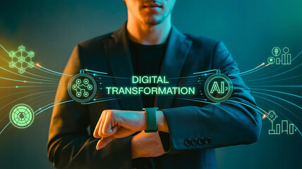 Man in suit with digital transformation overlay and glowing futuristic technology elements surrounding him