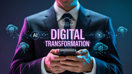 Businessman in suit using smartphone with glowing digital transformation and ai icons in futuristic neon lighting