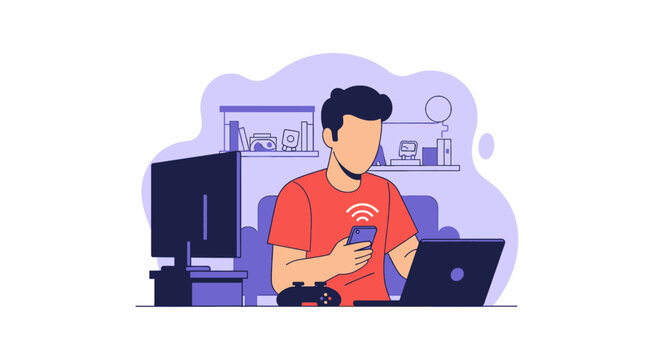Man using laptop, phone and game controller at home - perfect for blogs about technology, gaming or remote work.